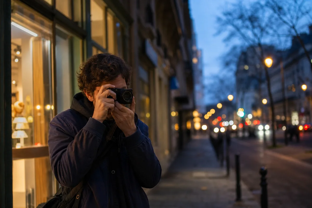 Filmmaker using a compact camera on a safely lit city sidewalk at blue hour