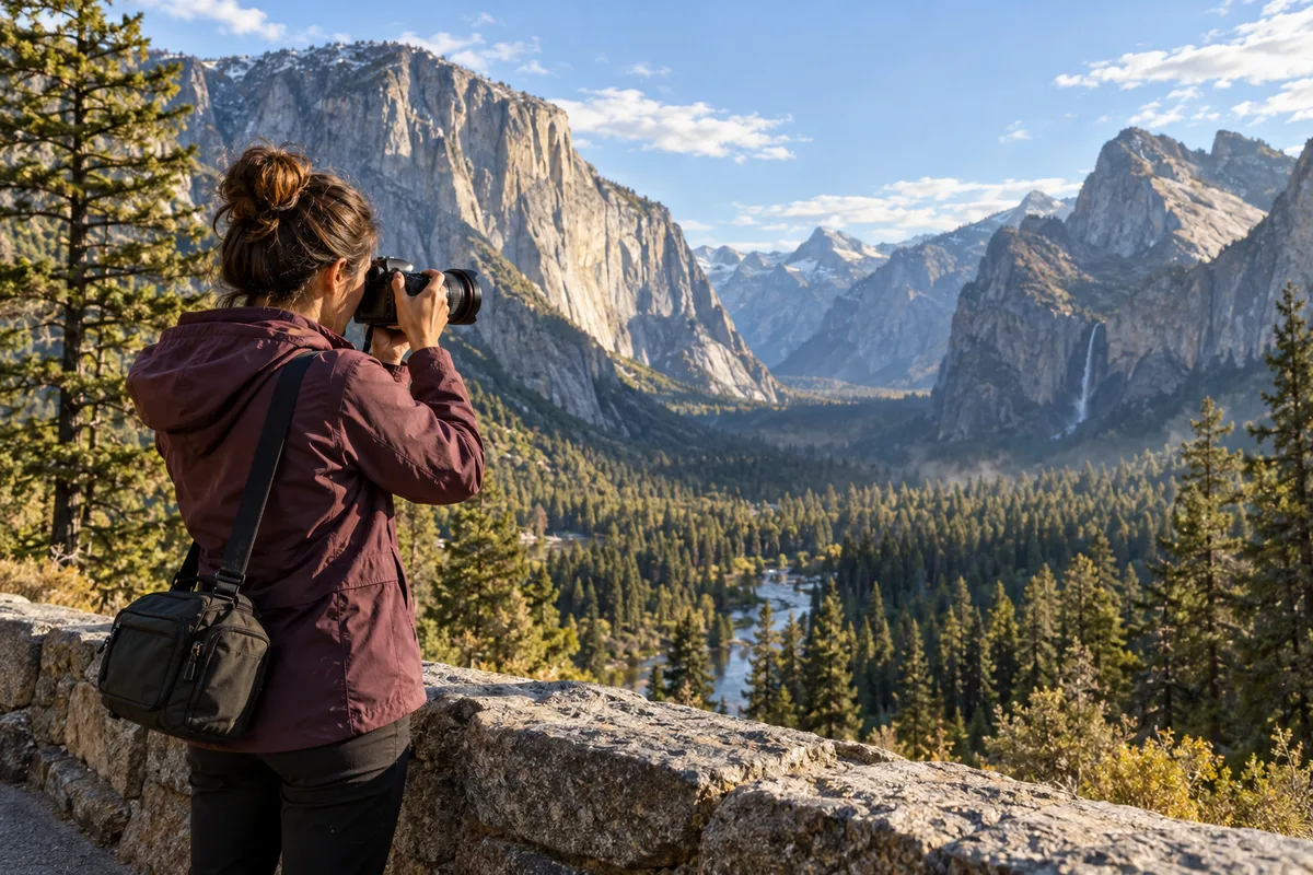 AI-generated scene of a photographer using a compact camera kit from a designated granite-valley overlook