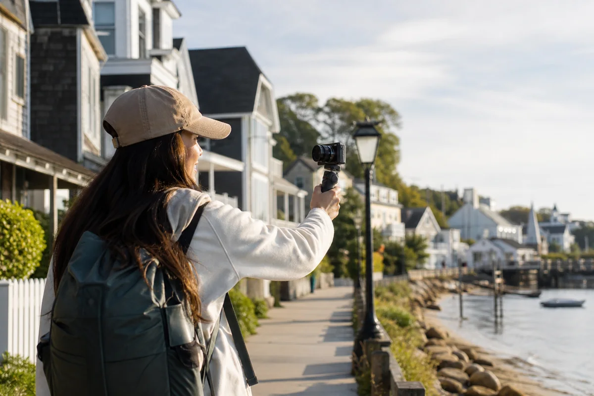 Traveler filming a walkable coastal town with a compact camera