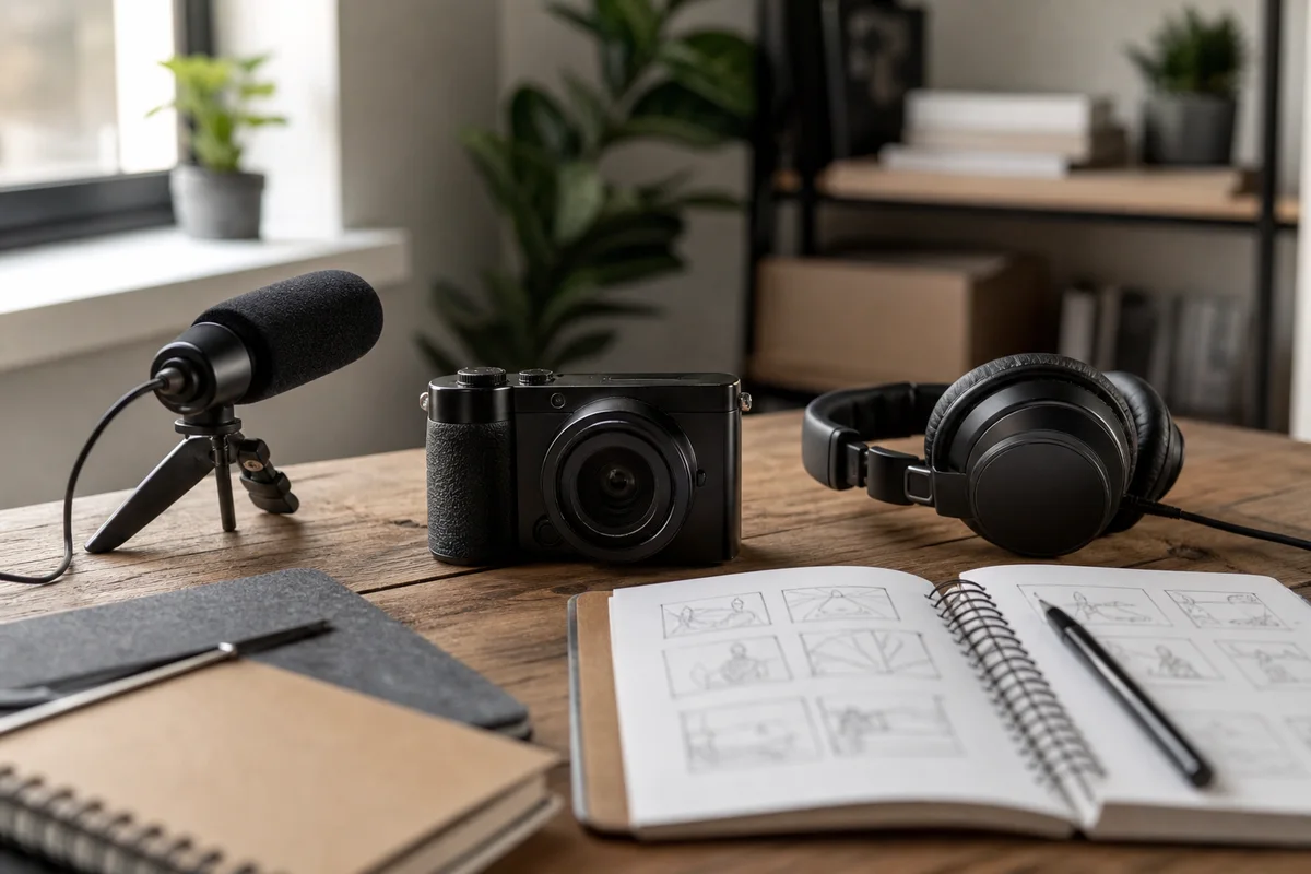 Hybrid camera, microphone, headphones and planning notebook on a studio table
