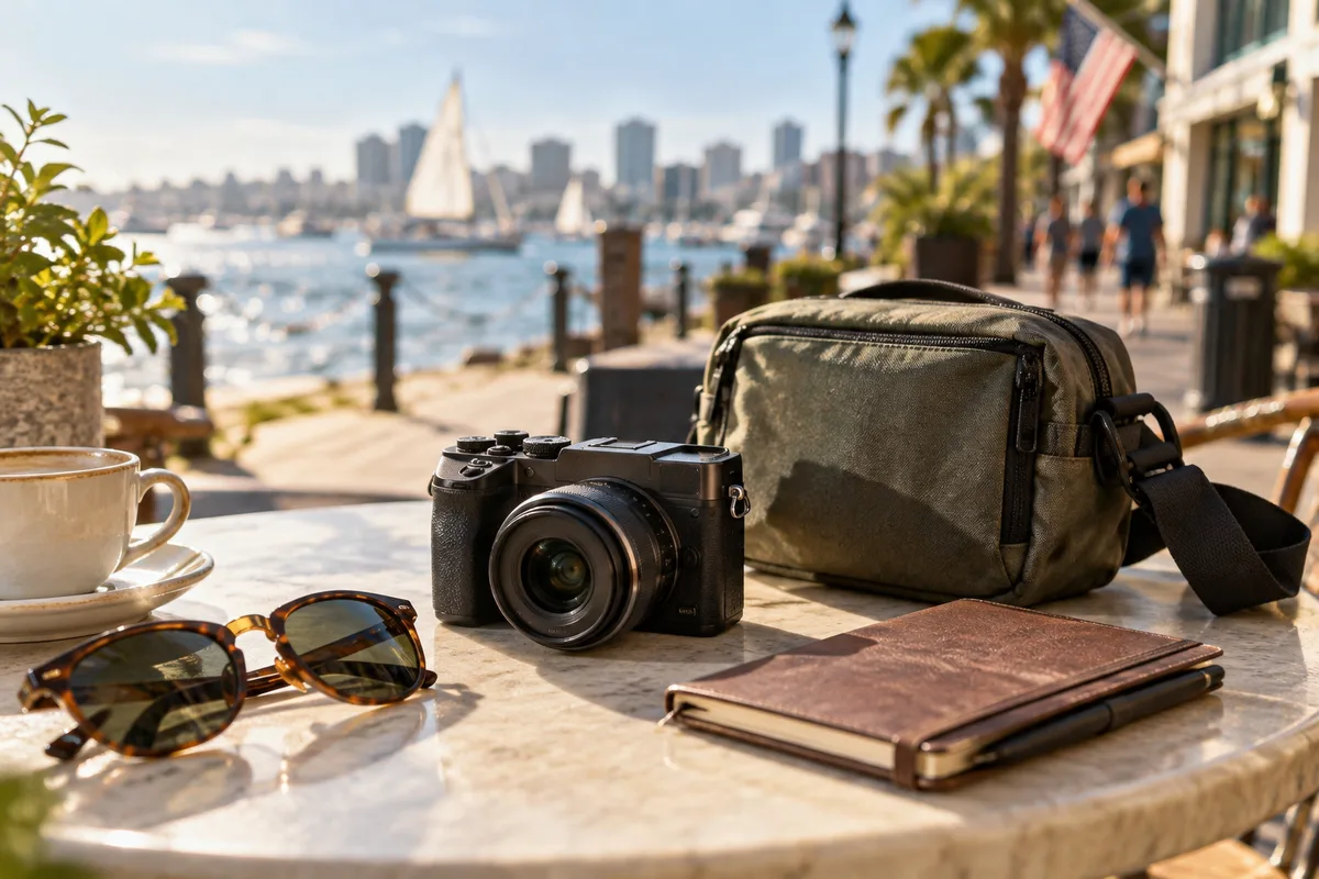AI-generated scene of a compact camera and lightweight sling at a waterfront cafe