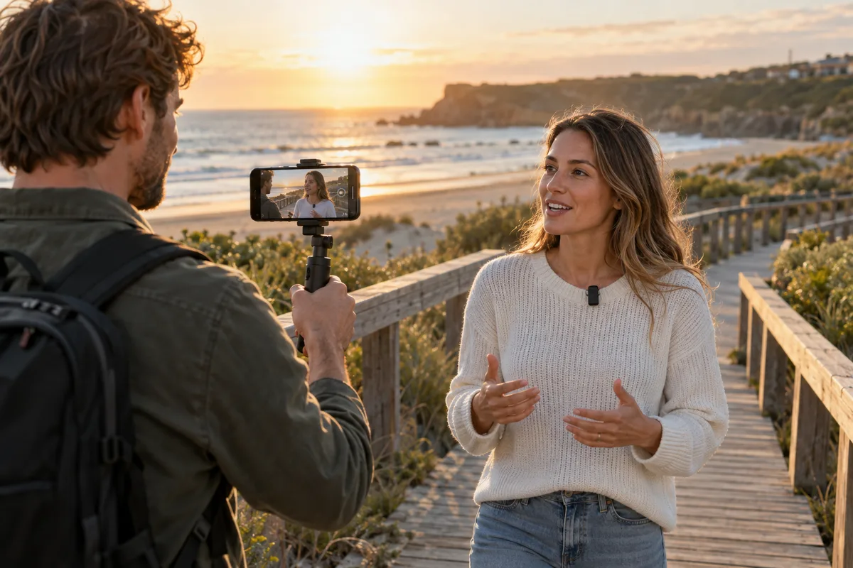 A filmmaker recording a coastal interview with a smartphone and a wearable microphone.
