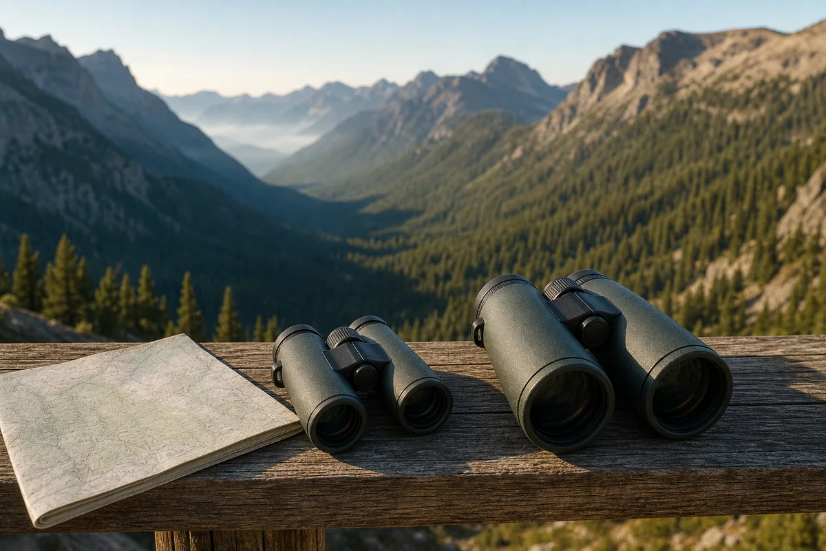 Compact and full-size generic binoculars compared at a mountain overlook