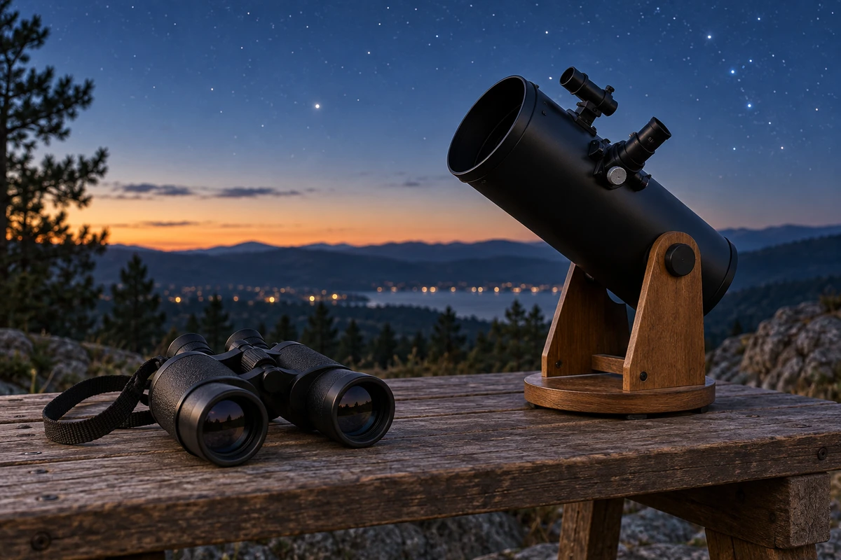 AI-generated editorial scene of generic binoculars and a tabletop telescope at dusk, not exact product models