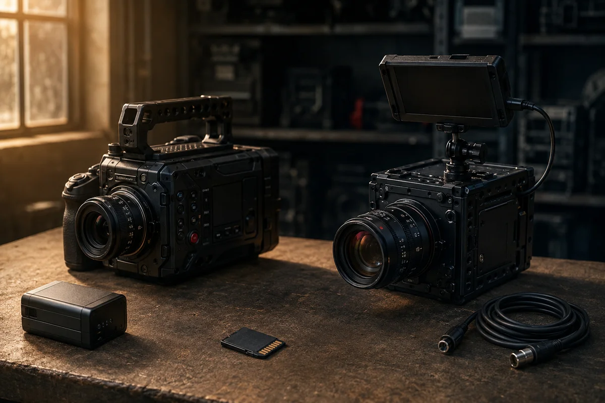 Conceptual AI illustration of traditional and modular cinema cameras with recording and power accessories on a workbench