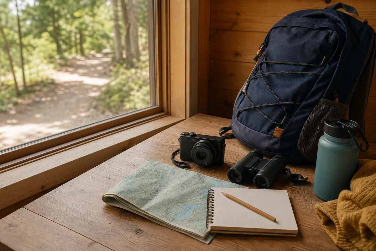 Camera, binoculars, map and daypack arranged for planning an outdoor trip