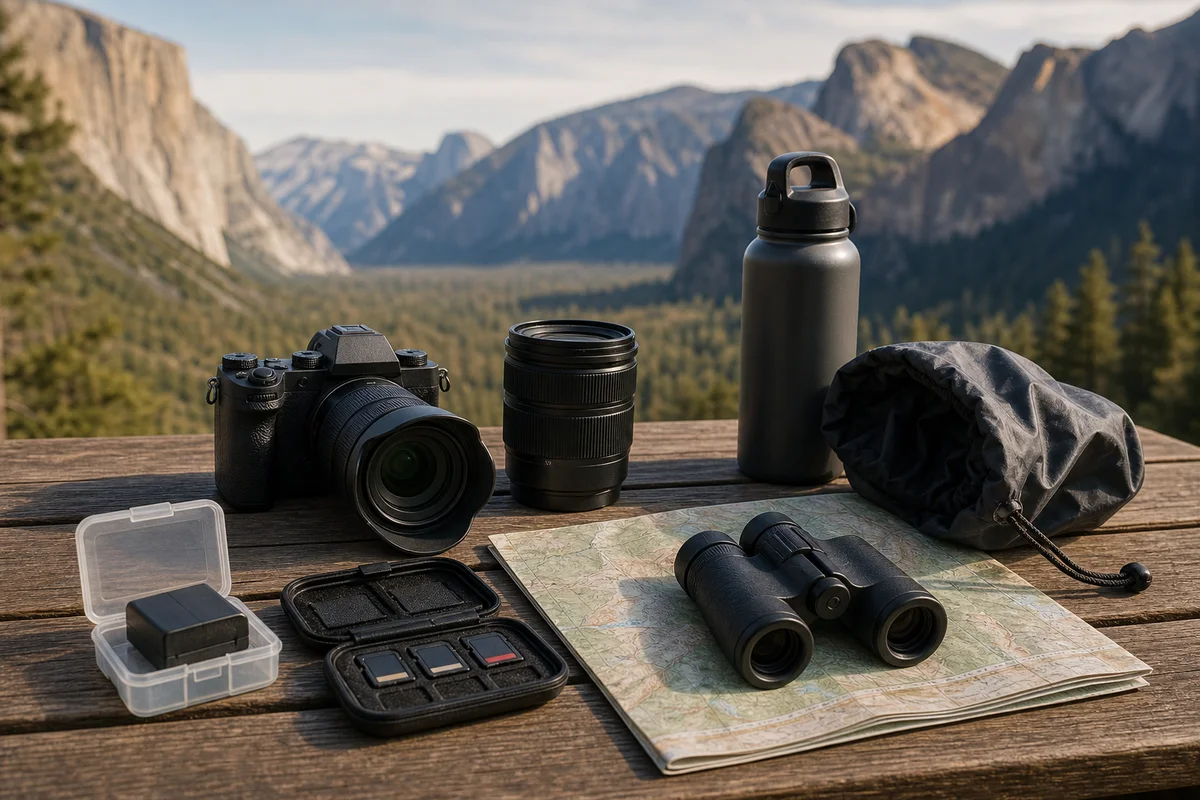 Camera, lens, protected batteries, memory cards, binoculars and trail essentials organized at a park overlook
