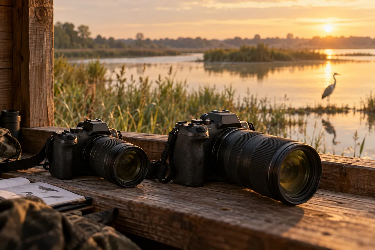 AI-generated contextual scene of two APS-C-style camera bodies and telephoto lenses at a lakeside wildlife hide; not exact Canon product photographs