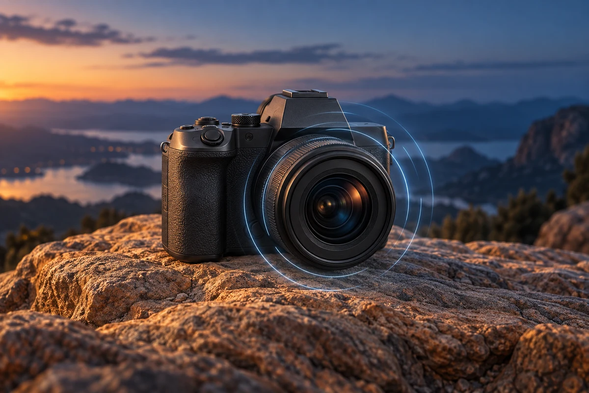 AI-generated conceptual illustration of an unbranded compact camera with stabilization rings, not a Canon product photograph