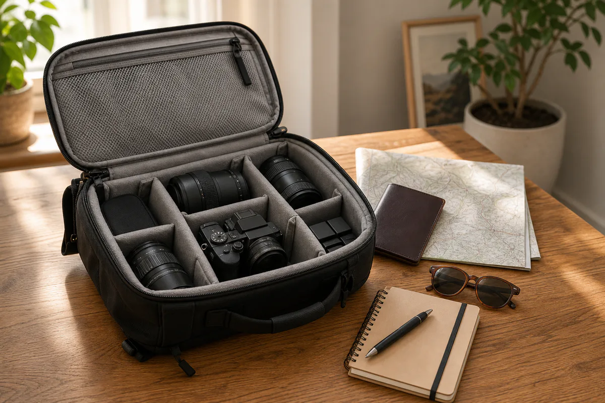 Organized camera travel bag with generic equipment and travel essentials