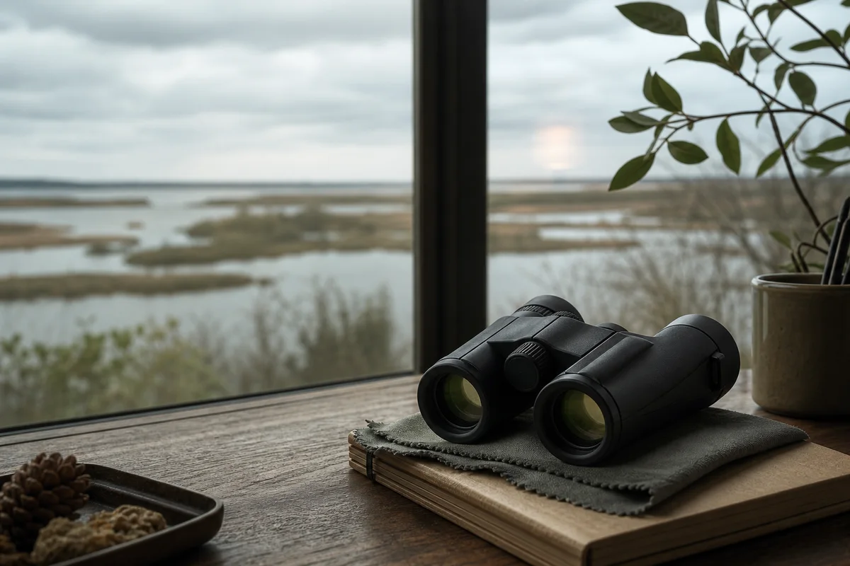 Generic binoculars on an observation desk overlooking distant wetlands