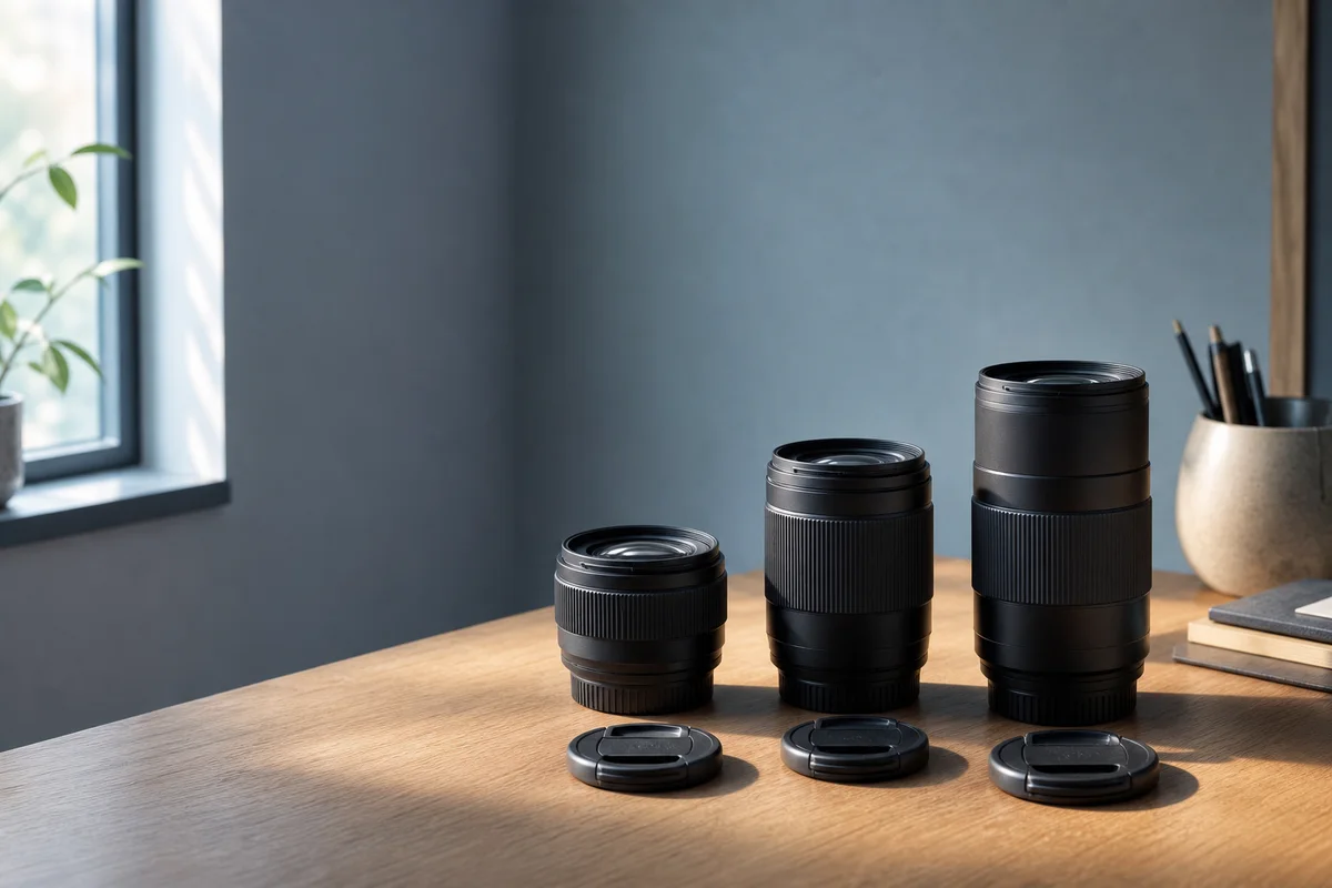Three generic lenses of different lengths arranged on a worktable