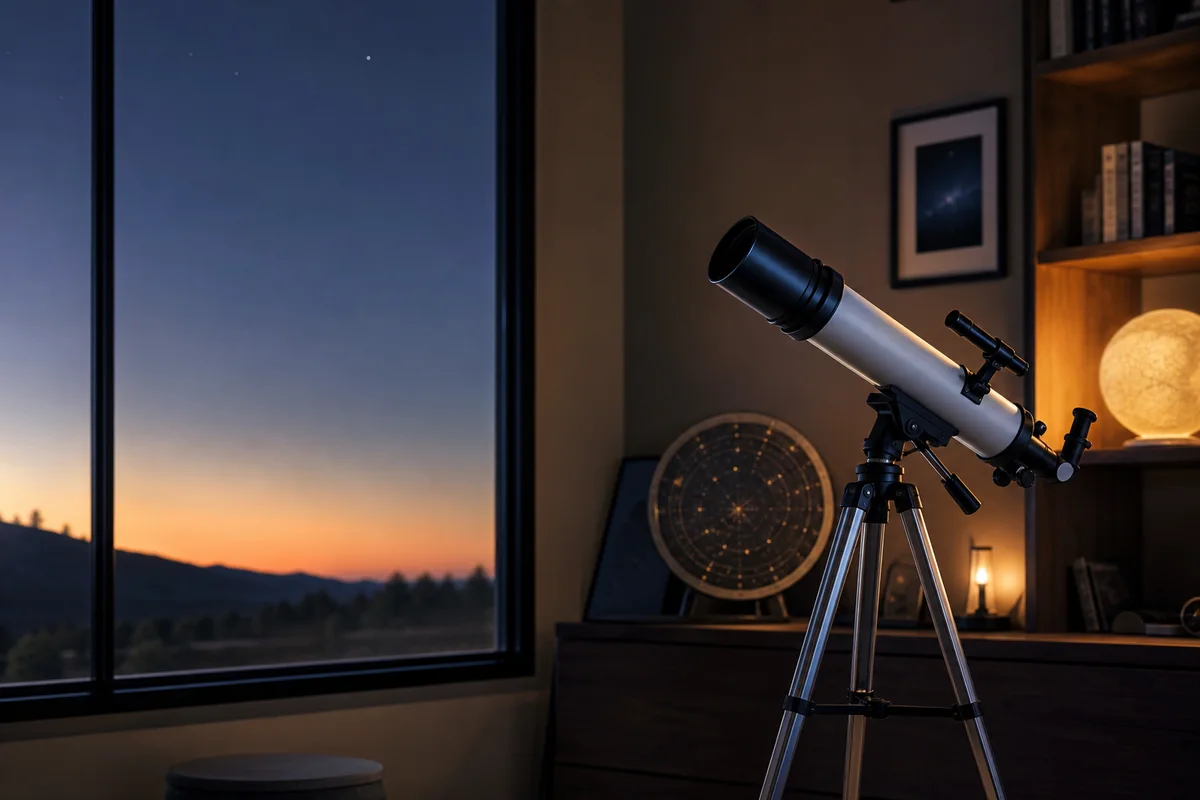 Generic telescope stored in an astronomy room at twilight