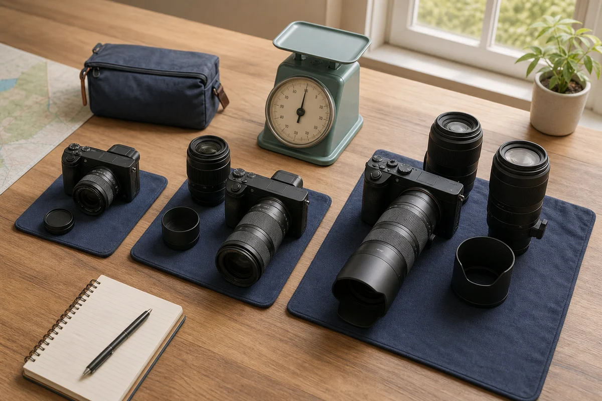 Generic travel camera systems arranged by weight beside an analog scale