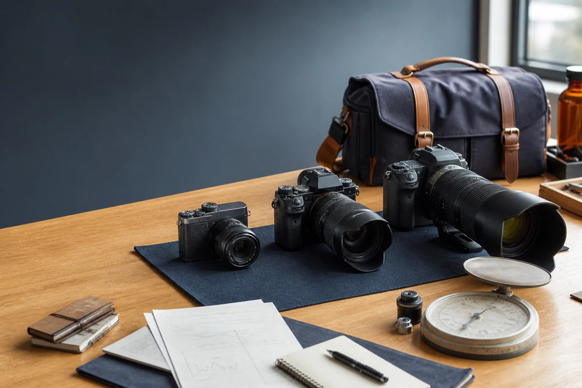 Three generic camera systems arranged by size beside a scale and research notes