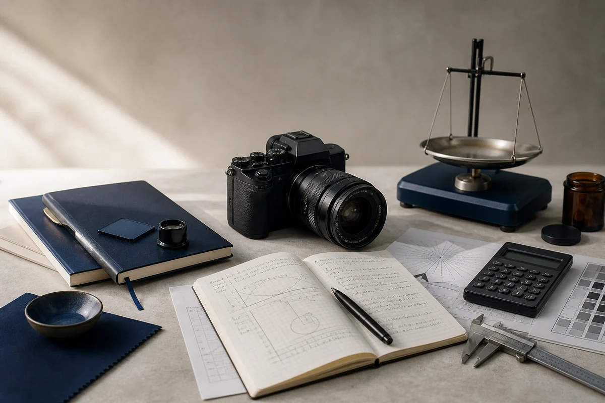 Generic camera, scale, notebook, calculator and calipers arranged for a transparent research workflow
