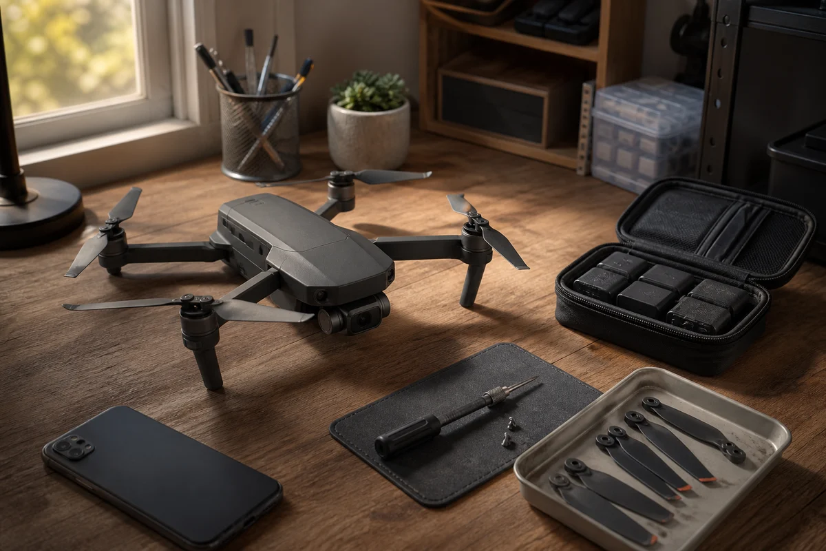 Generic older folding camera drone undergoing a careful maintenance check on a home workbench