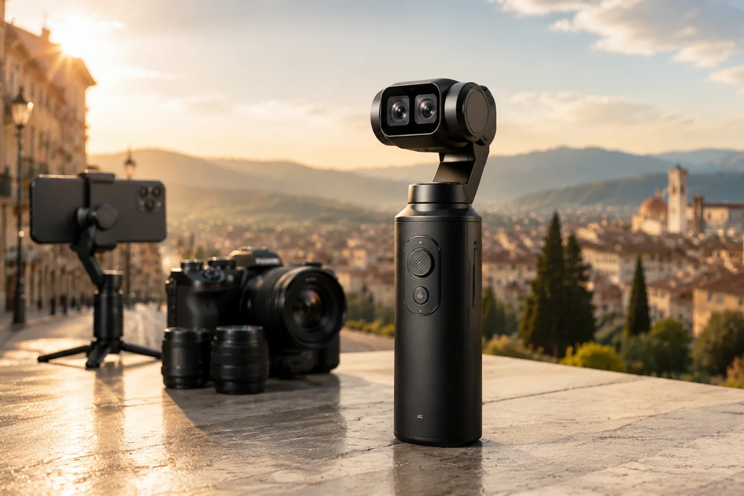 Concept illustration of a compact dual-lens gimbal camera beside a smartphone gimbal and a mirrorless travel video kit