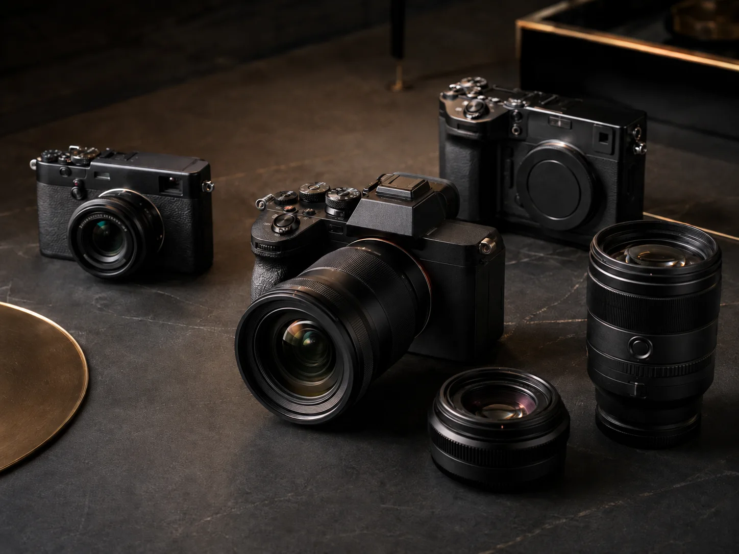 Editorial still life of mirrorless cameras and lenses arranged on a dark studio table