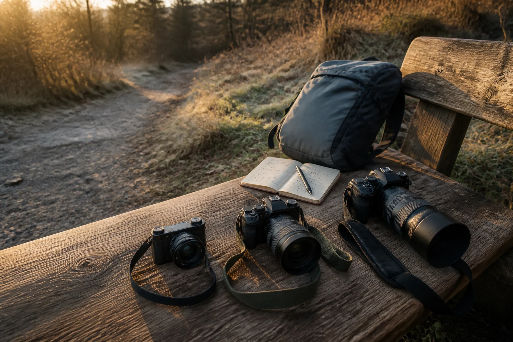 Three unbranded camera kits, a backpack, and a field notebook on a trail-side bench