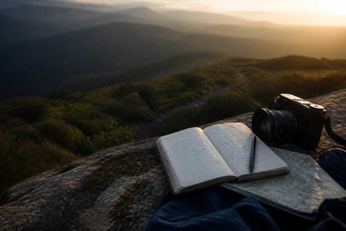 Generic camera and open field notebook overlooking mountain trails at sunrise