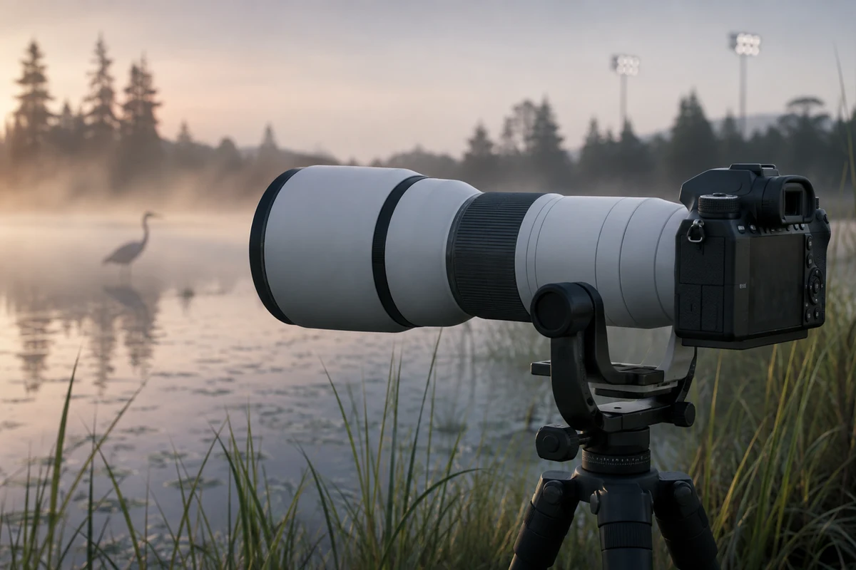 Generic mirrorless camera and white super-telephoto prime overlooking a wetland at dawn