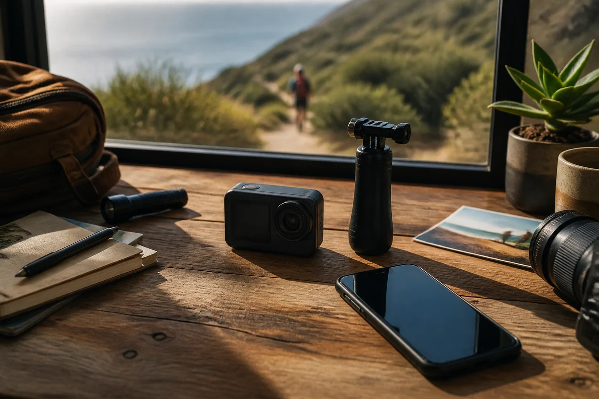Editorial illustration of a generic action camera, grip and smartphone on a workbench overlooking a coastal trail