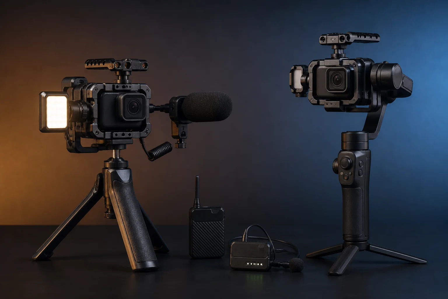 Generic compact cinema camera rigs configured with a battery grip, microphone, light, and gimbal