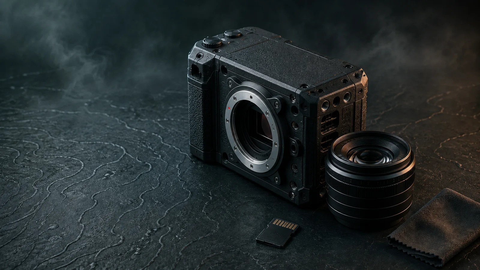 Editorial illustration of a rugged compact cinema camera beside a detached manual lens and microSD card