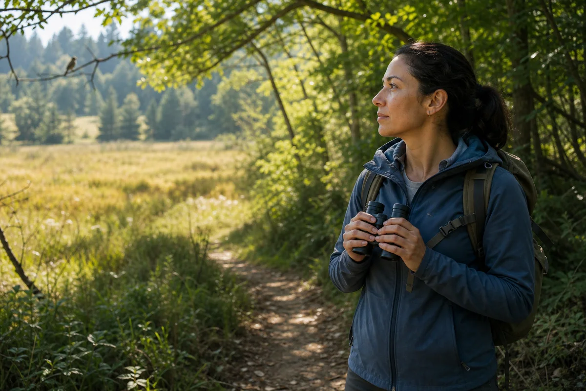 Hiker pausing with compact binoculars beside a meadow