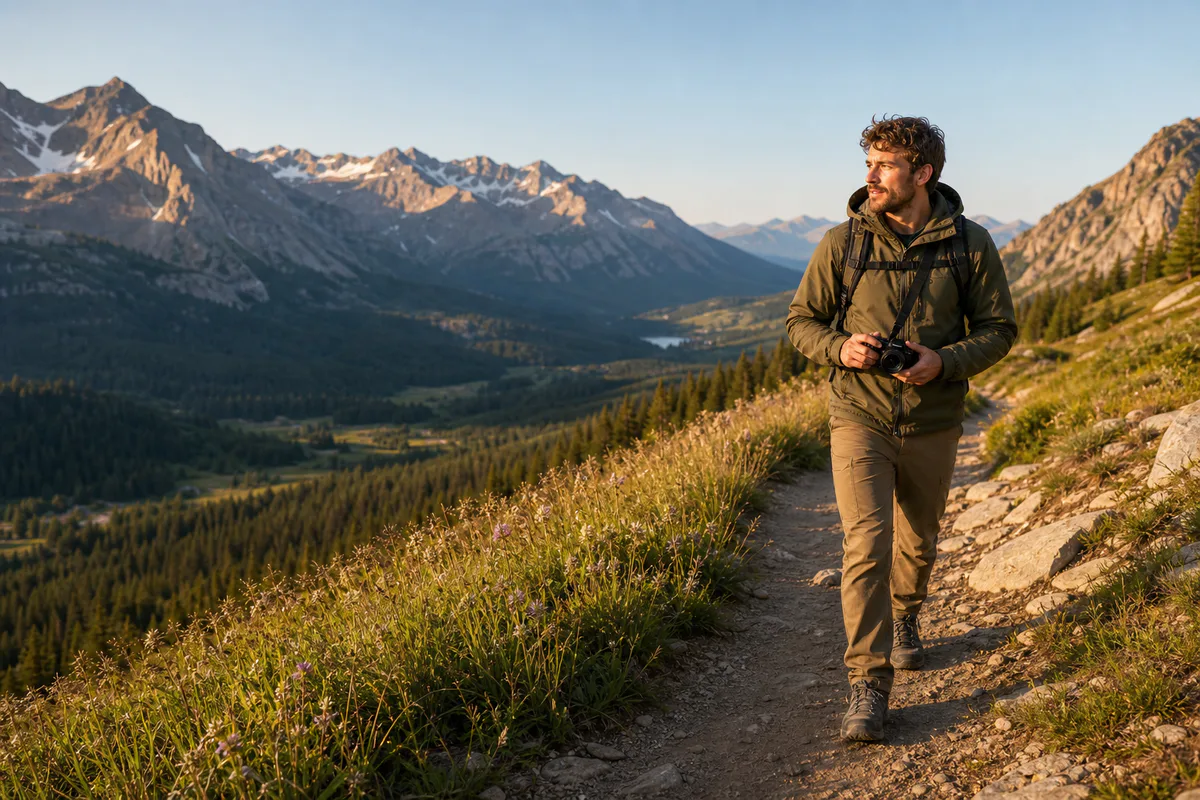 Hiker carrying a compact camera on an alpine trail in morning light