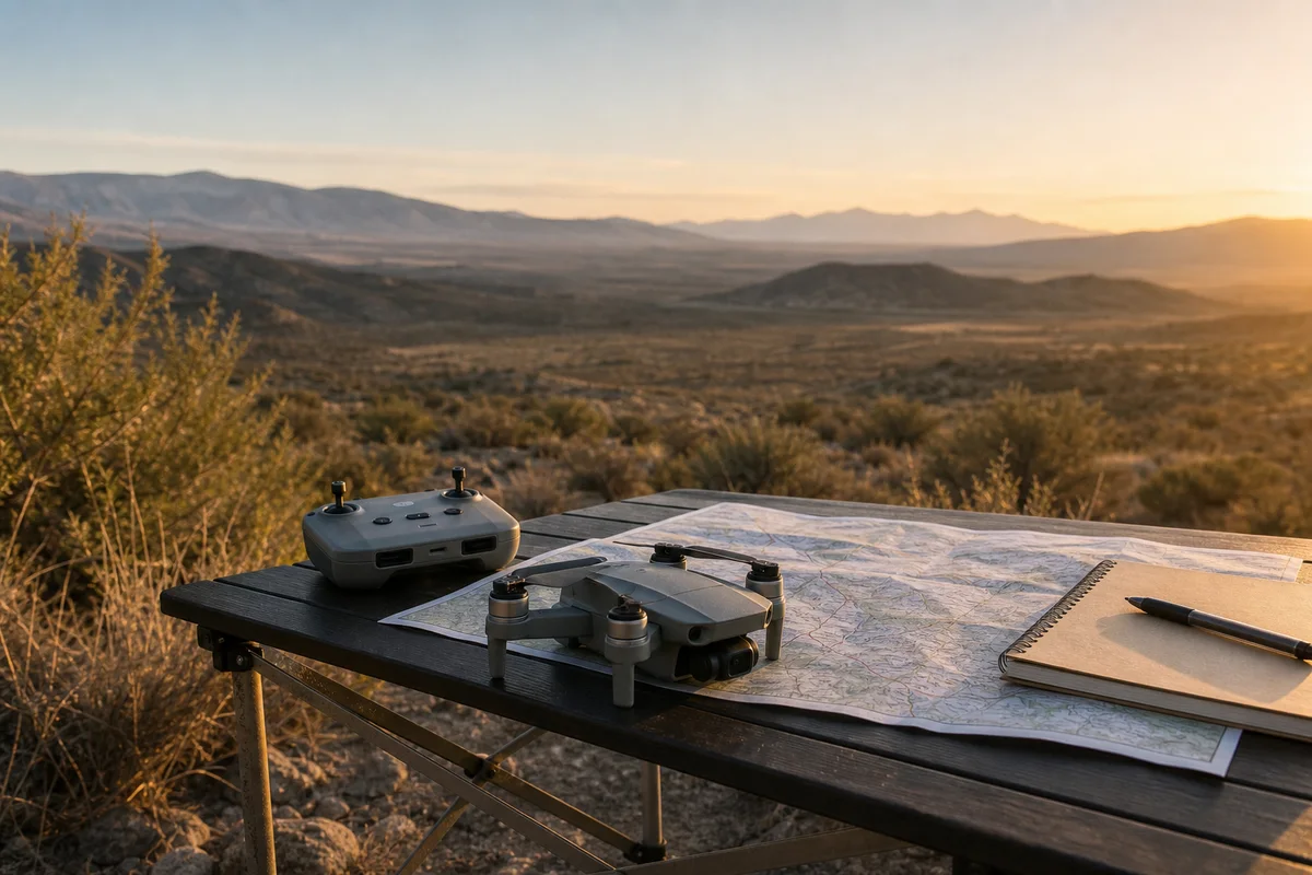 Generic camera drone, controller, map, and notebook arranged for responsible flight planning