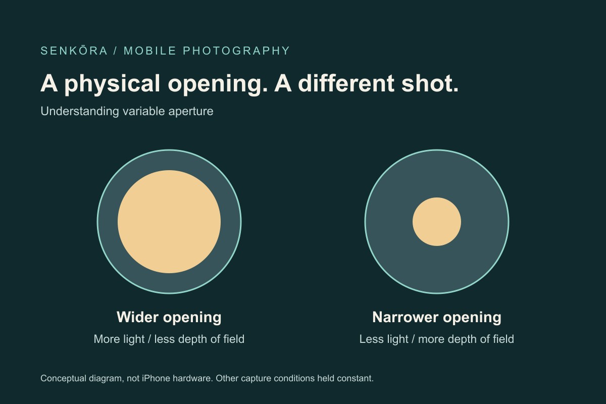 Conceptual diagram comparing a wider and narrower lens opening, not a rendering of iPhone hardware