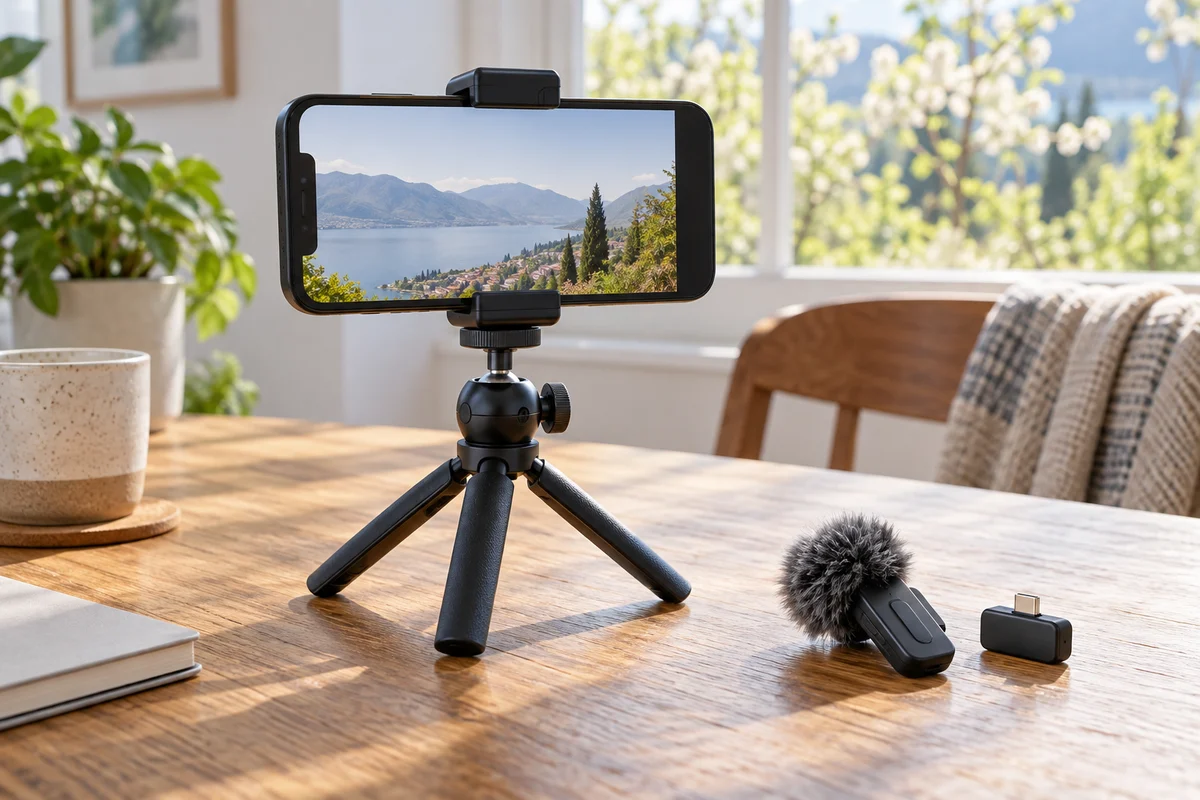 AI-generated illustration of a generic phone on a mini tripod beside a separate microphone and receiver, not a verified product assembly.