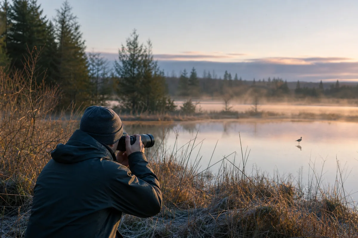 Photographer using a lightweight telephoto lens from a respectful distance at dawn