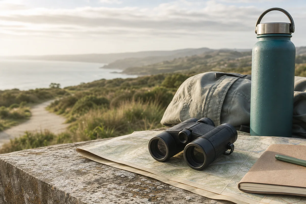 Compact binoculars and simple travel essentials at a coastal overlook