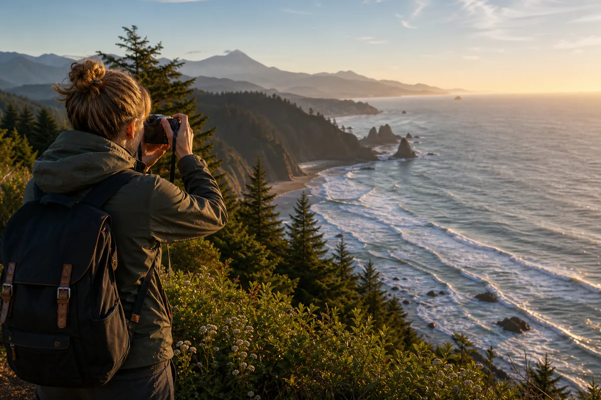 Traveler photographing the Pacific coast in warm sunrise light