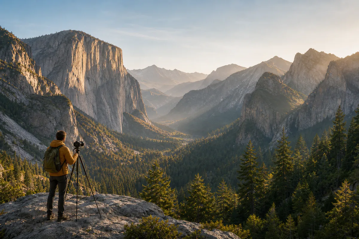 Photographer using a tripod above a mountain valley at sunrise