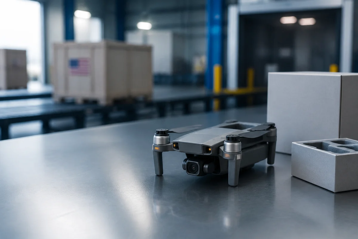 Generic consumer camera drone awaiting inspection in a U.S. cargo facility