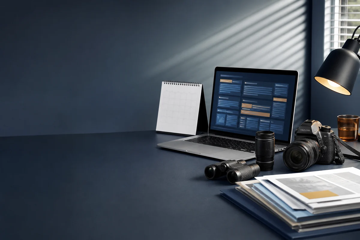 Generic camera and binoculars beside a laptop and documents on an editorial monitoring desk