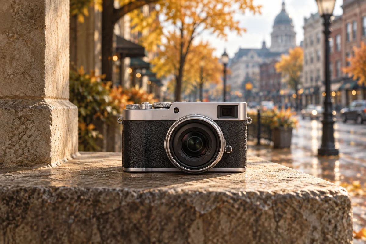 Conceptual editorial illustration of an unbranded compact camera on a sheltered stone ledge, not an exact OM SYSTEM PEN photograph