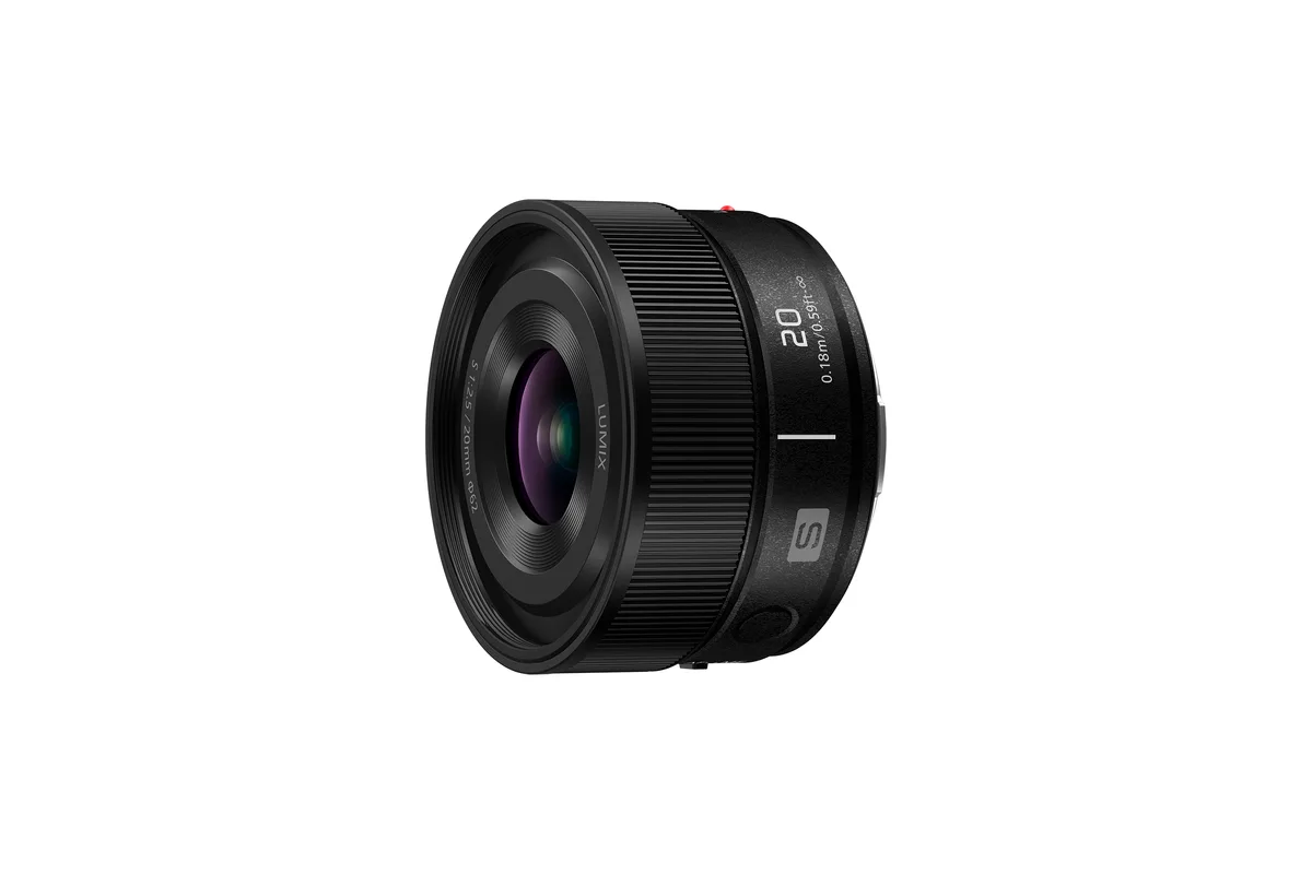 Official Panasonic product photograph of the black LUMIX S 20mm F2.5 full-frame L-Mount lens