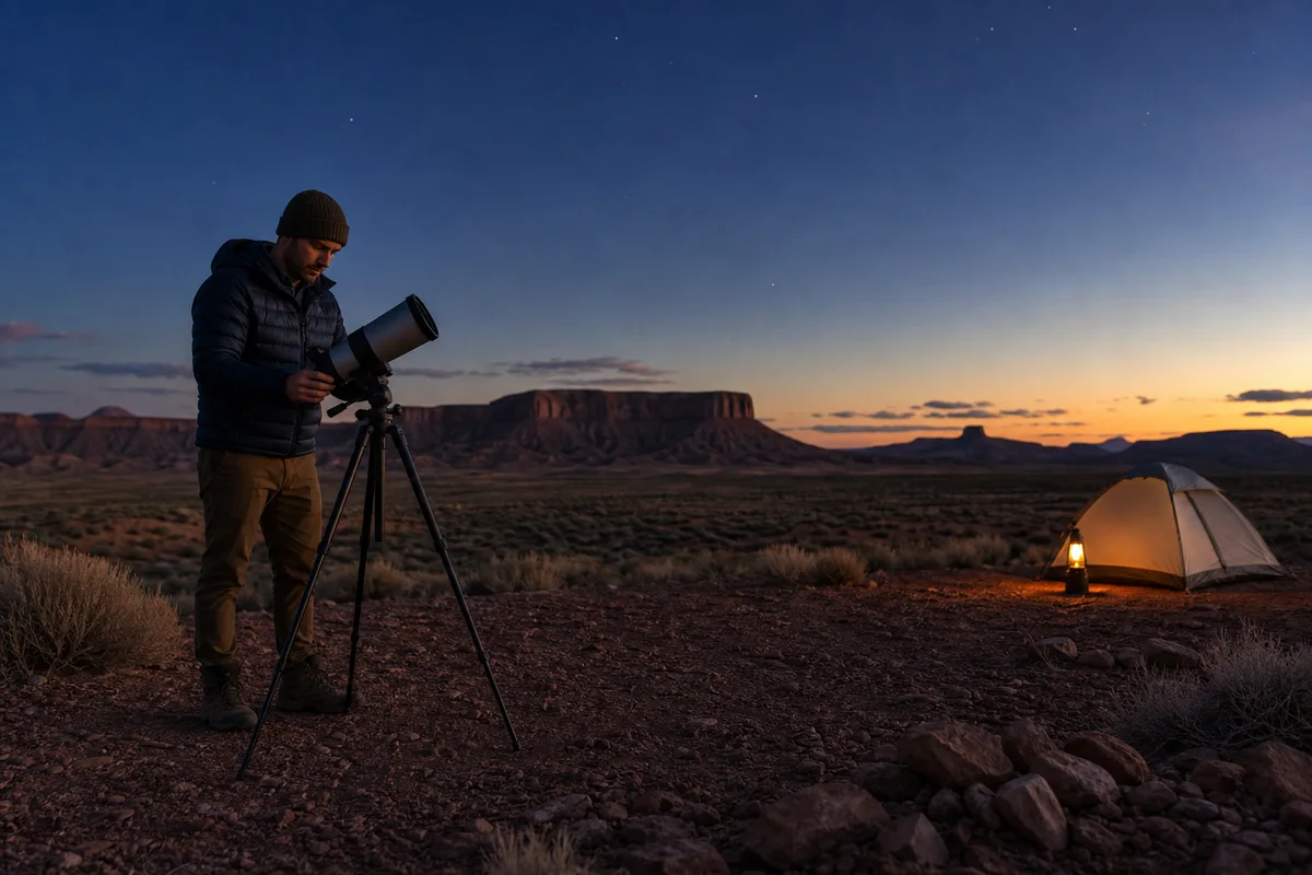 Camper setting up a portable telescope at a quiet desert campsite
