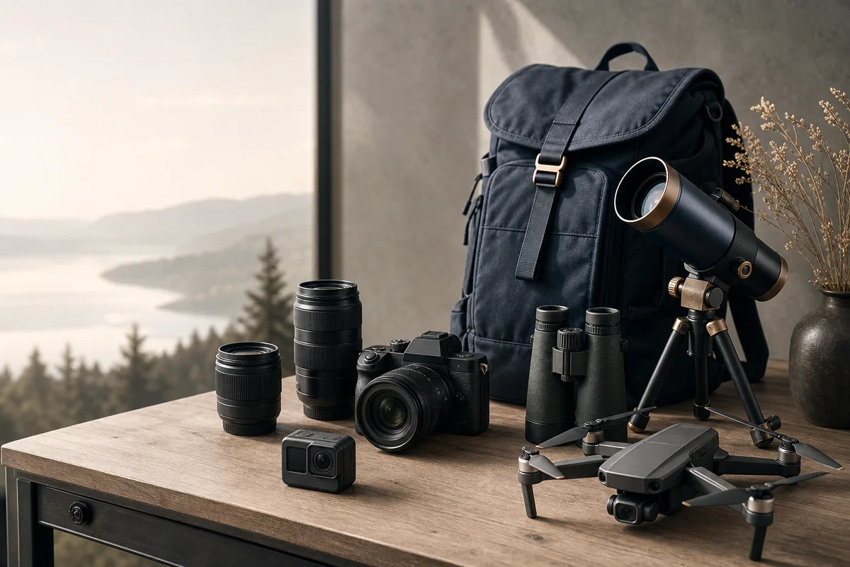 Generic cameras, lenses, binoculars, a drone and a telescope arranged on an outdoor equipment workbench
