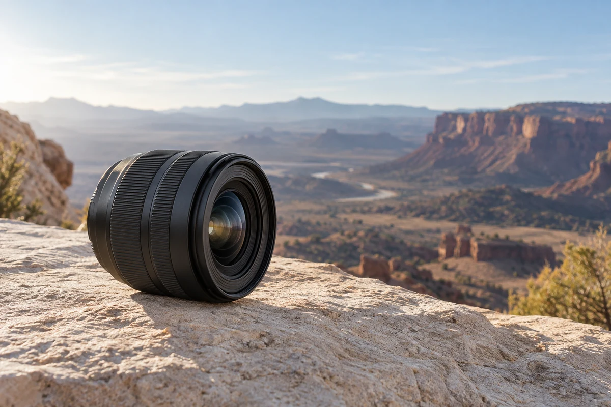 Conceptual editorial illustration of an unbranded compact zoom lens overlooking a desert landscape