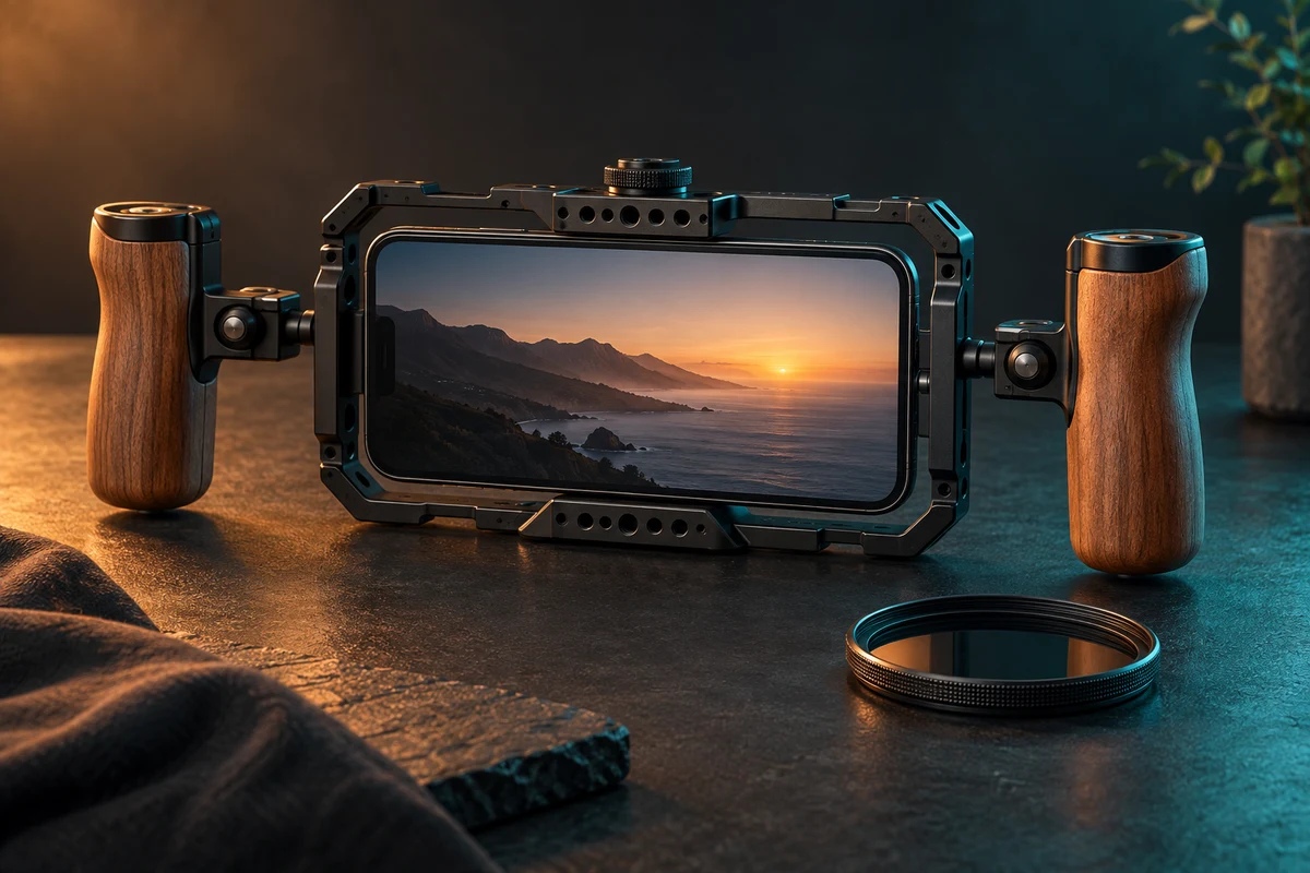 AI-generated conceptual illustration of a generic phone cinema rig and filter ring, not an exact SmallRig or iPhone product rendering