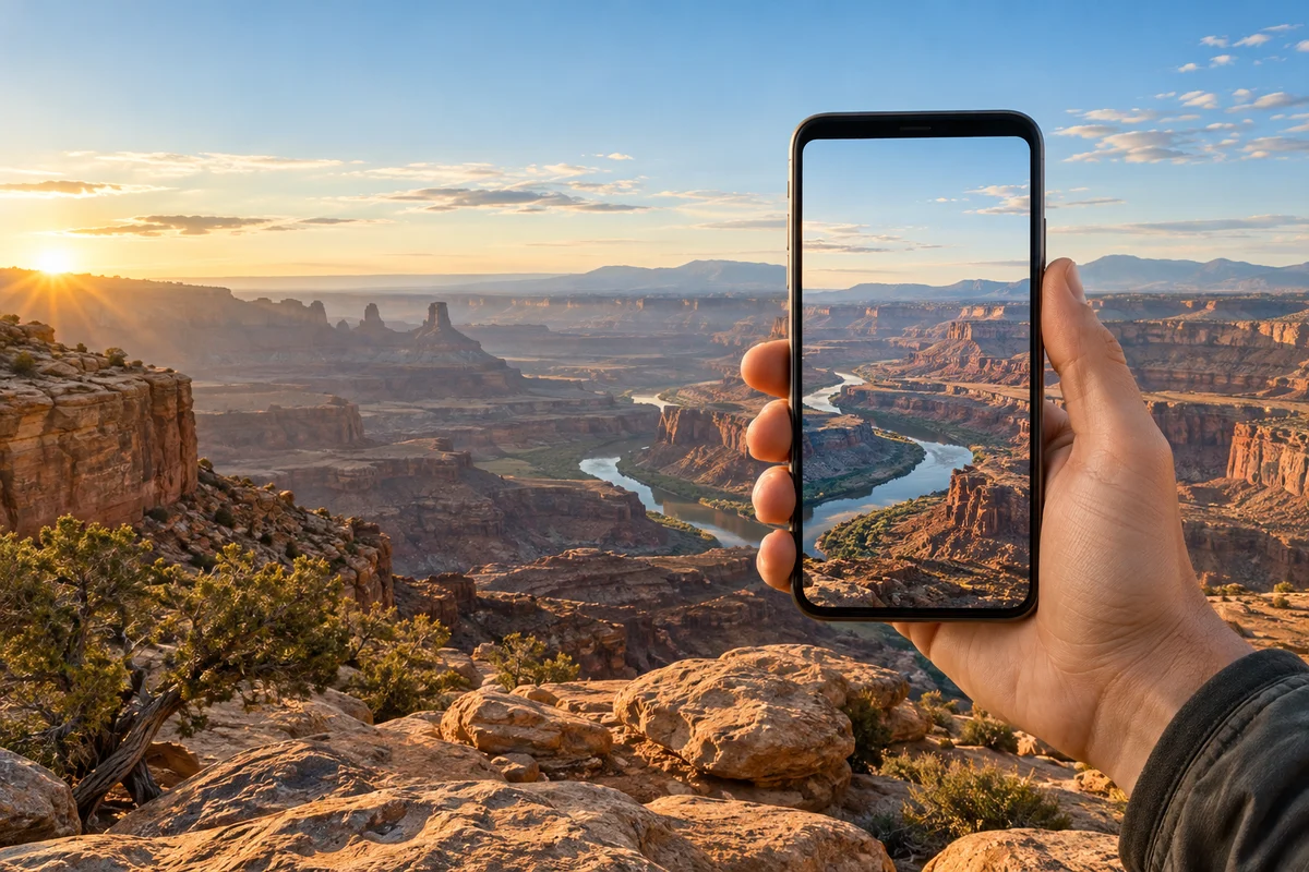 AI-generated illustration of a hand composing a rocky canyon landscape with a generic phone.