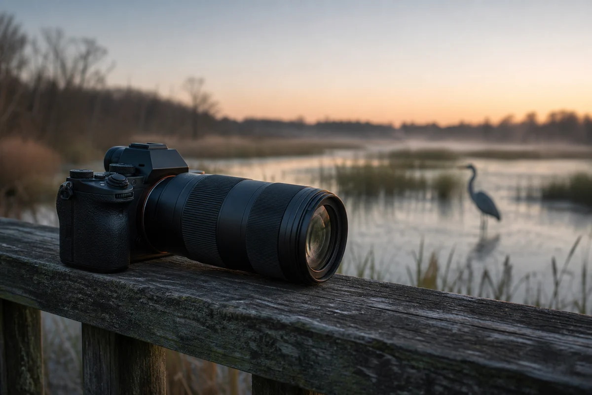 Generic lightweight telephoto zoom and mirrorless camera overlooking a wetland at dawn