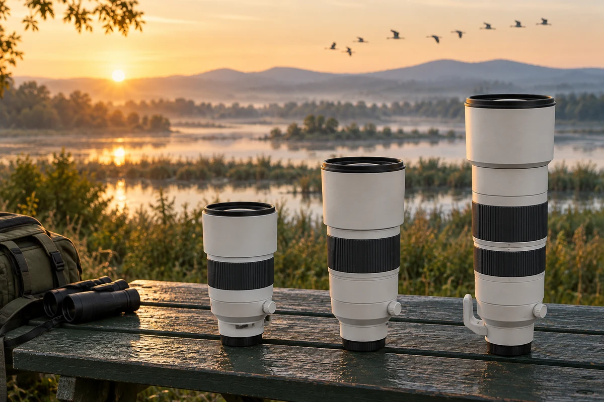 AI-generated conceptual illustration of three generic white telephoto lenses beside a wetland; not Sony product photographs or a scale comparison