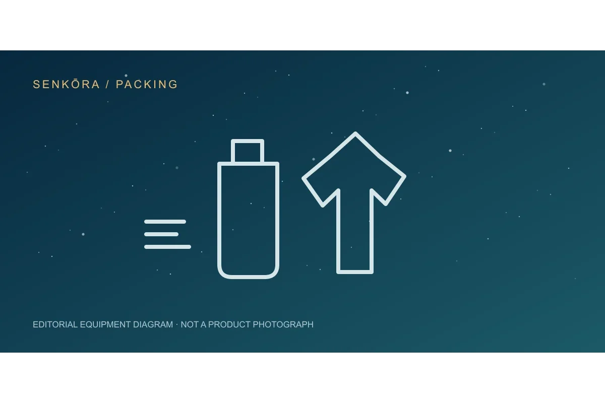 Original illustrated packing checklist with a headlamp, layers, water and an offline map.